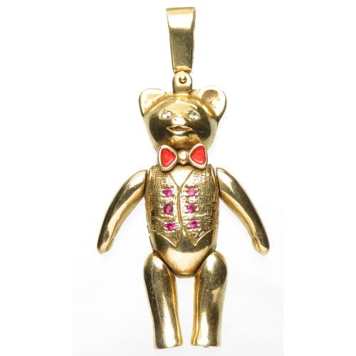 78 - Gold teddy bear with articulated limbs. Hallmarked 9ct, 58mm, 31.6g.