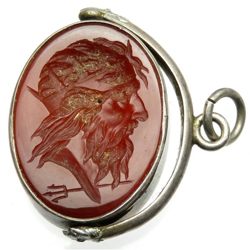 82 - 19th century stone intaglio swivel seal fob. A large carnelian intaglio depicting the bust of Neptun... 