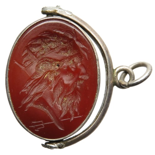 82 - 19th century stone intaglio swivel seal fob. A large carnelian intaglio depicting the bust of Neptun... 