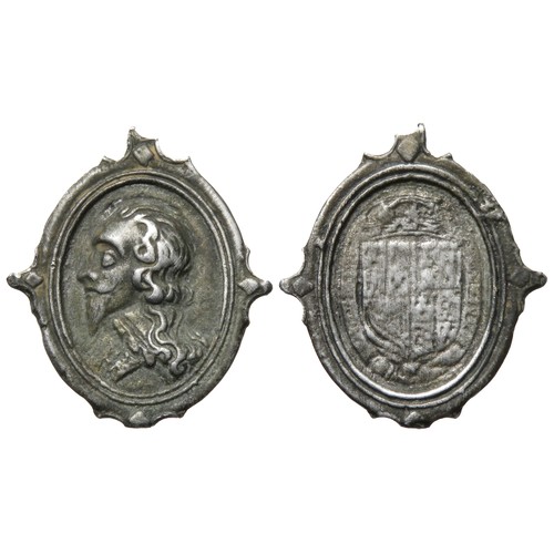 87 - Charles I Supporters Pendant. Circa, 1649 AD. Silver, 2.66 g, 24.58 mm. Bust of Charles I with falli... 