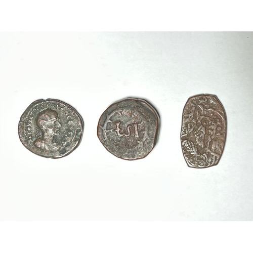 98 - Mixed Bronze Group (3). Circa 3rd - 17th century AD. Roman provincial, Early Cylon trade coin and an... 