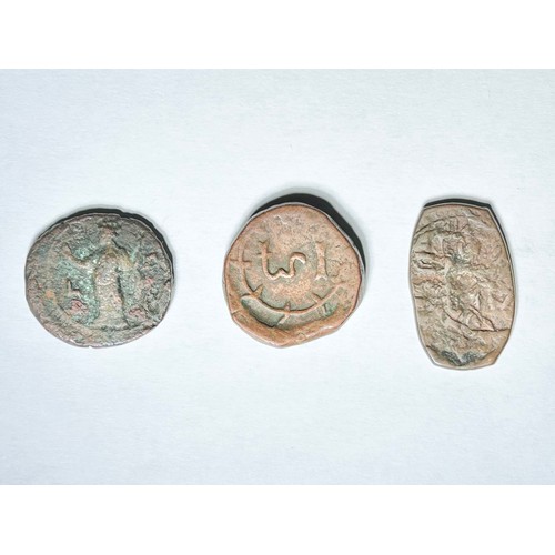 98 - Mixed Bronze Group (3). Circa 3rd - 17th century AD. Roman provincial, Early Cylon trade coin and an... 