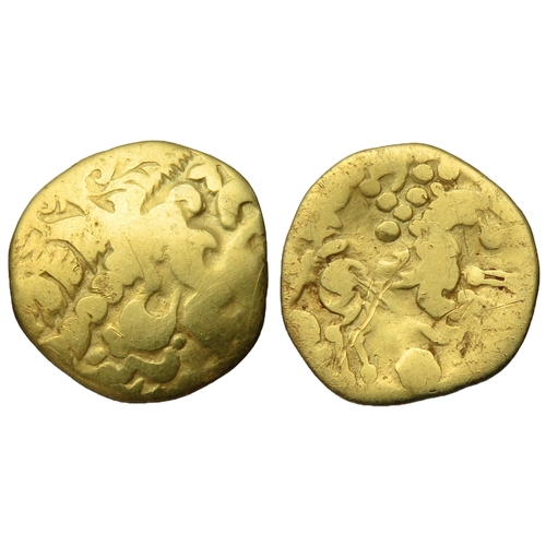 115 - Ambiani gold quarter stater, circa 2nd century BC. Flamboyant wreathed head right. R. Horse right, v... 