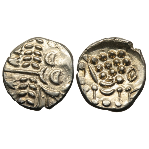 160 - Durotriges 'white gold' stater, circa 1st century BC. Cranborne Chase type. Wreath, cloak and cresce... 