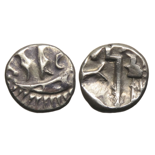 168 - Durotriges silver quarter stater, circa 1st century BC. Three men in a boat design, pellets to left.... 