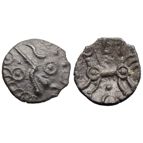 153 - Dobunni silver unit. Eisu, 20-43 AD. Silver,  Crude head right, pellet triads for hair, pellet in ri... 