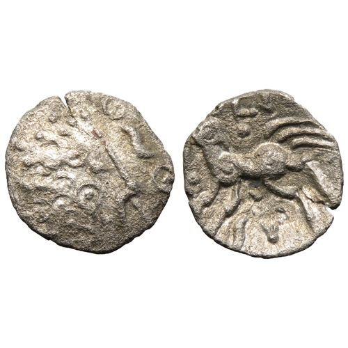 154 - Dobunni silver unit. Eisu, 20-43 AD. Silver, 14mm. 0.91g. Crude head right, pellet triads for hair, ... 