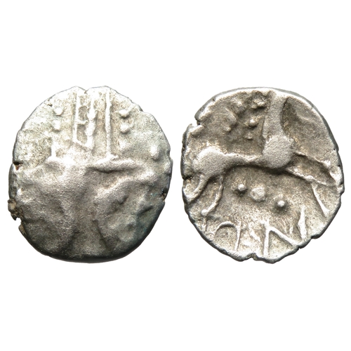 135 - Iceni ECEN Silver Unit. Circa 10-40 A.D. Silver, 1.23 grams. 14mm. Obverse: Double-crescent emblem o... 