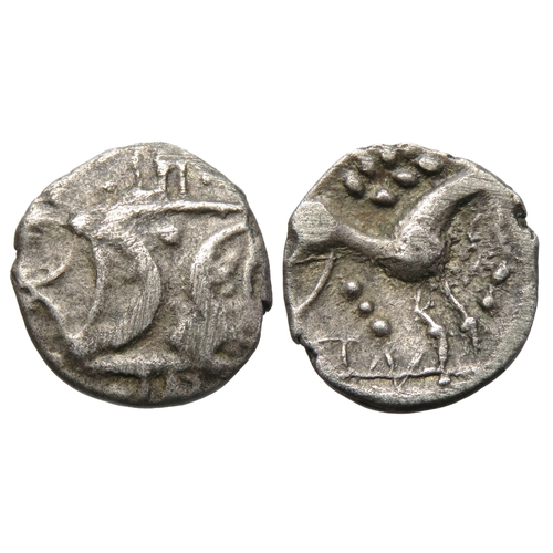 136 - Iceni ECEN Silver Unit. Circa 10-40 A.D. Silver, 1.11 grams. 13mm. Obverse: Double-crescent emblem o... 