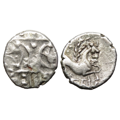 137 - Iceni ECEN Silver Unit. Circa 10-40 A.D. Silver, 1.22 grams. 12mm. Obverse: Double-crescent emblem o... 