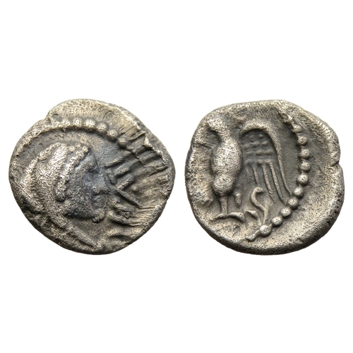 132 - Regini and Artebates: Epaticcus Eagle silver unit. Bust right wearing lionskin, EPATI in front. R. E... 