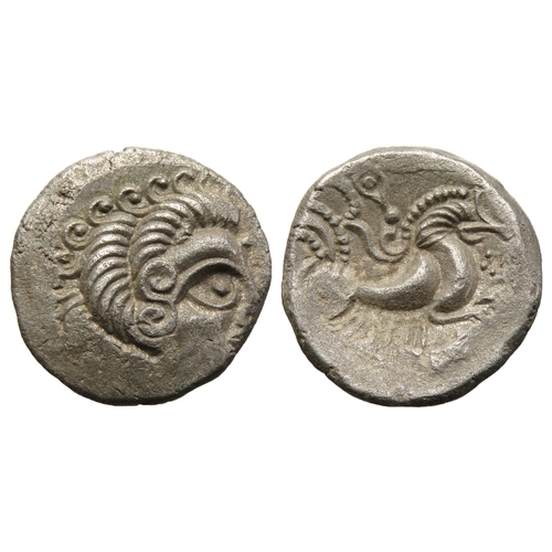 118 - Coriosolites: Ogmios and Boar stater. Circa 1st century BC. Head right. R. Bird headed horse right, ... 