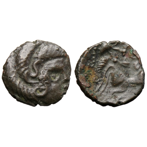 121 - Coriosolites: Ogmios and Boar quarter stater. Circa 1st century BC. Head right. R. Bird headed horse... 