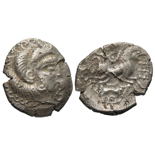 122 - Coriosolites: Ogmios and Boar stater. Circa 1st century BC. Head right. R. Bird headed horse right, ... 