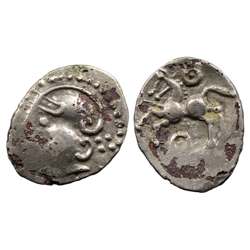 110 - Aedui silver denier, helmeted head 'au tete casquee' type. LT 5252. 18mm, 1.44g.