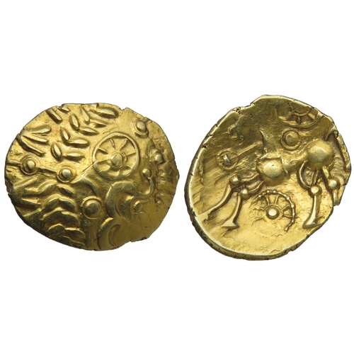 155 - East Wiltshire: Three Wheels Left quarter stater. Circa 50-35 BC. Wreath design with hidden face. R.... 