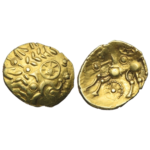 155 - East Wiltshire: Three Wheels Left quarter stater. Circa 50-35 BC. Wreath design with hidden face. R.... 