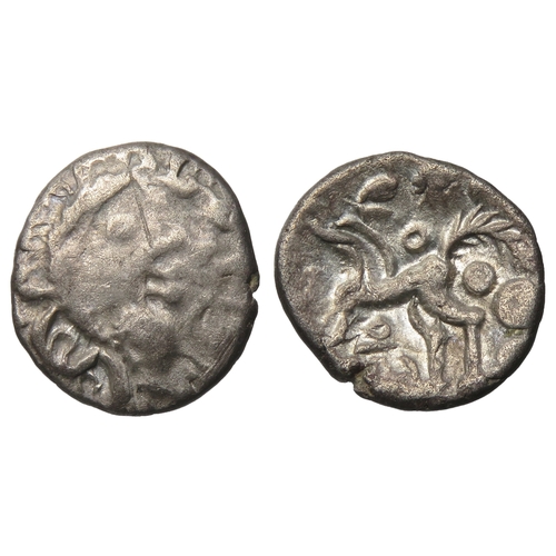 159 - East Wiltshire. Circa 50 BC. Upavon moon head silver unit. 13mm, 1.06g. Moon head right, three cresc... 