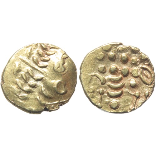 169 - Catuvellauni: Westerham North gold stater. Circa 50 BC. 6.31g, 20mm. Wreath motif, cloak and crude p... 