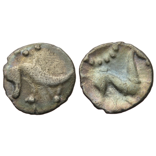 142 - Corieltavi silver unit South Ferriby boar/horse type. Circa, 50-20 BC. Silver, 13mm, 1.24g. Stylised... 