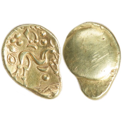 114 - Ambiani Gold Stater, Gallic War uniface type. Circa 60-50 BCE. 22mm, 6.30g. Obverse blank. R. Sinuou... 