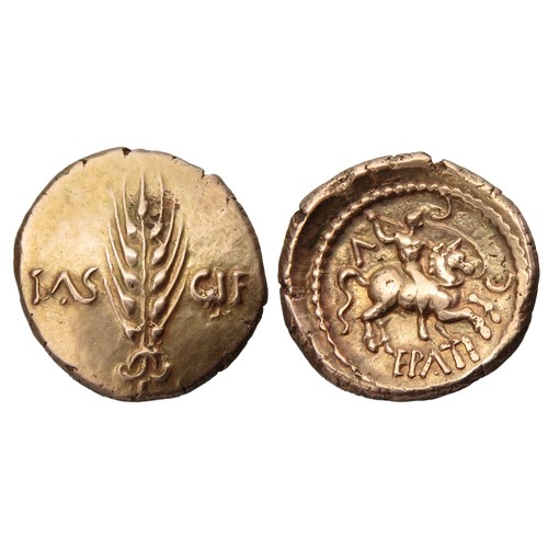 Regini and Atrebates: Epaticcus Corn Ear Warrior gold stater. Circa 20-40 AD. Corn-ear dividing TAS CIF. R. Warrior on horseback right, holding spear and shield, EPATI below, CCV above. Gold, 18mm. 5.36g. Ref: ABC 1343, S.355; VA 575. An exceptional example, perfectly centred and well struck in lustrous gold. Extremely rare.