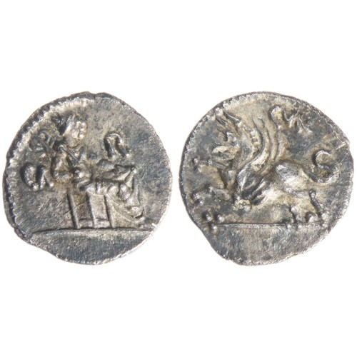 133 - Excessively rare Caratacus silver unit. Circa 40-43 AD. Silver, 1.29g. 13mm. Figure seated right hol... 