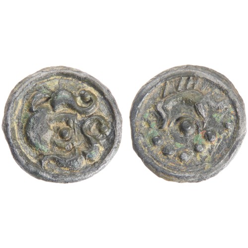 117 - Gaul. Suessiones Potin. 2.45g. 18mm. Circa 60-25 BC. Head right with curling locks of hair around fa... 