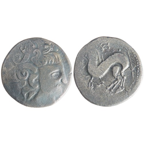 105 - Celtic Silver Tetradrachm. Circa 150 BC. Silver, 26mm, 14.8g. Crude Greek-style bust right. R. Styli... 