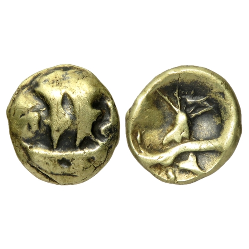 125 - Gold quarter stater, circa 80-60 BC. Sills Insular Cf. Boat with two occupants, rosette left. R. Tre... 