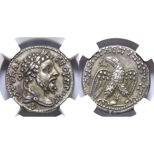 202 - SYRIA. Laodicea ad Mare. Septimius Severus, 193-211 AD. Silver tetradrachm, 26mm. 12.98g. NGC XF 5/5... 