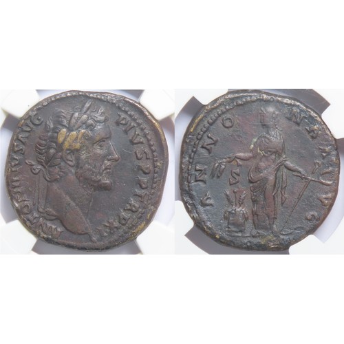 197 - Antoninus Pius, 138-161 AD. AE sestertius, 28.57g. NGC XF 5/5 - 3/5. Rome, 147-148 AD. ANTONINVS AVG... 