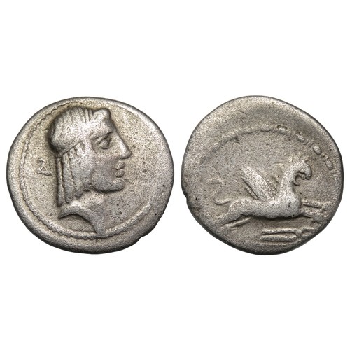 176 - C. Calpurnius/L. Papius hybrid imitation denarius. Circa 61 BC. head of Apollo right, control mark b... 