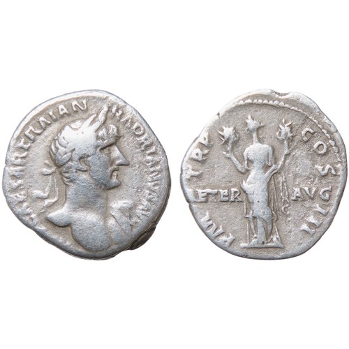 192 - Hadrian Denarius. 119-220 AD. Rome mint. Laureate bust right, drapery on far shoulder. IMP CAESAR TR... 