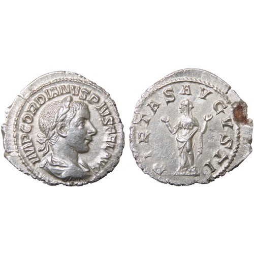 217 - Gordian III Denarius. 241 AD. Laureate and draped bust right, IMP GORDIANVS PIVS FEL AVG. R. PIETAS ... 