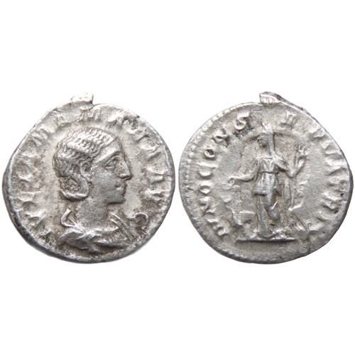 211 - Julia Mamaea Denarius. 221-235 AD. IVLIA MAMAEA AVG, draped bust right. R. IVNO CONSERVATRIX, Juno s... 