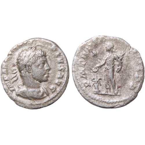 214 - Elagabalus Denarius. Rome mint, 221 AD. IMP ANTONINVS PIVS AVG, laureate, draped, and cuirassed bust... 