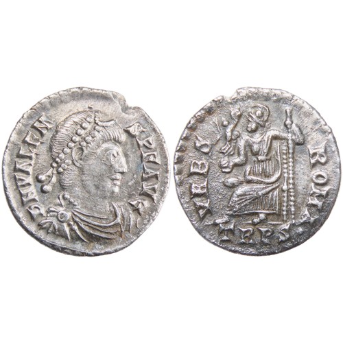 235 - Valens Silver Siliqua, 367-375 AD. Trier. 1.5g. DN VALEN-S PF AVG, Pearl-diademed, draped and cuiras... 