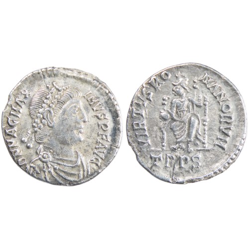 236 - Magnus Maximus Silver Siliqua, 383-388 AD. DN MAG MAX-IMVS AVG, diademed, draped and cuirassed bust ... 