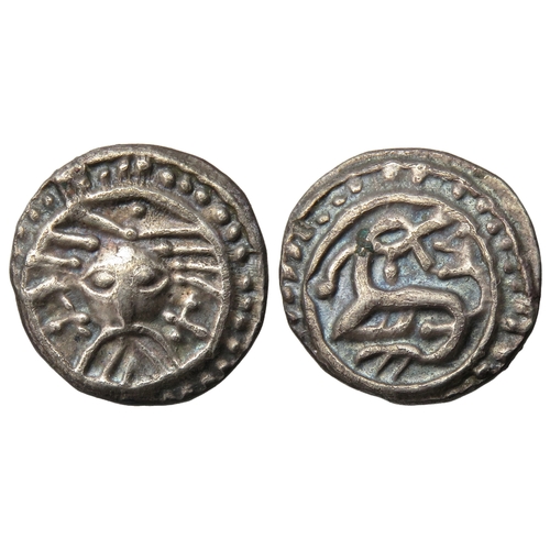 250 - Anglo-Saxon sceatta series X, Wodan head type. Circa 695 - 740 AD. Silver. Obverse: 'Wodan' head fac... 