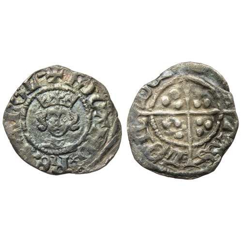 306 - Richard II halfpenny, 1377-1399 AD. London. Crowned facing bust, +RICARD REX ANGL. R. Cross with pel... 