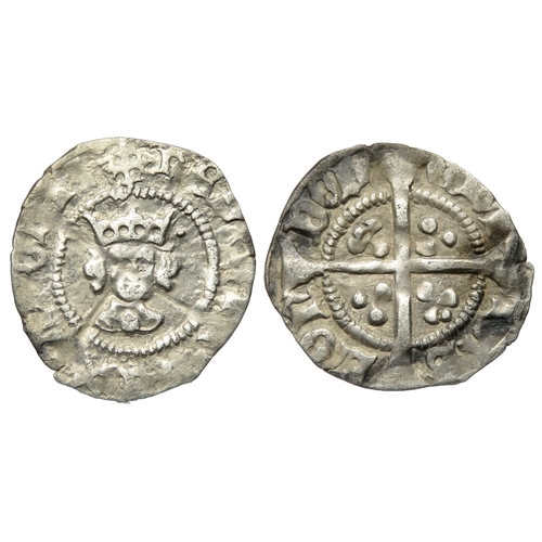 312 - Henry VI halfpenny. Leaf pellet issue, 1445-54 AD. Crowned facing bust, leaf on breast, pellets by c... 