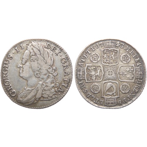 440 - George II Shilling 1743. Silver, 5.92g. 26mm. Old laureate and draped bust left, GEORGIUS II DEI GRA... 