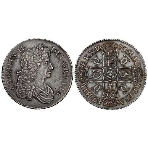 425 - Charles II Crown, 1673. QUINTO. Third laureate bust right, CAROLVS II DEI GRATIA. R. Crowned crucifo... 