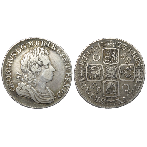 439 - George I Shilling 1723. SSC. Laureate and draped bust right, GEORGIVS D G M BR FR ET HIB REX F D. R.... 