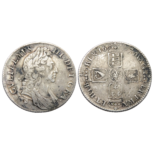 434 - William III Shilling, 1697. Laureate and draped bust right, GVLIELMVS III DEI GRA. R. Crowned crucif... 