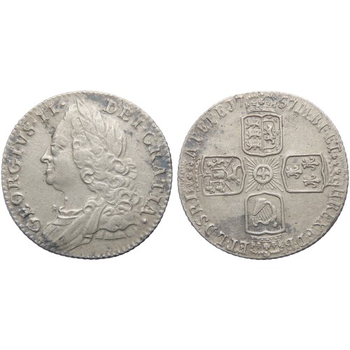 441 - George II Sixpence 1757. Old laureate bust left, GEORGIVS DEI GRATIA. R. Crowned cruciform shields. ... 