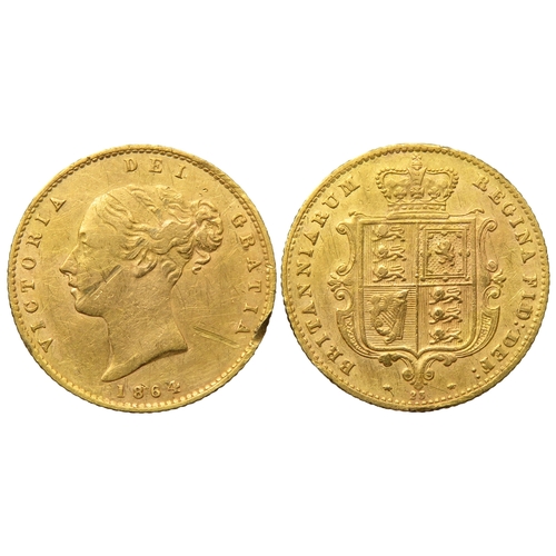 460 - Victoria gold half sovereign 1864. Die number 23 below shield. Bust left, VICTORIA DEI GRATIA. R. Cr... 