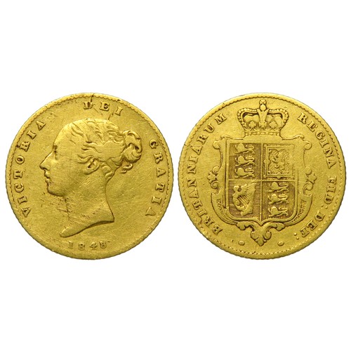 461 - Victoria gold half sovereign 1848. Young bust left, VICTORIA DEI GRATIA. R. Crowned shield of arms. ... 