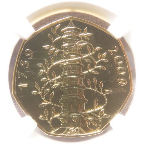 496 - Elizabeth II 2009 Kew Gardens gold proof fifty pence. NGC graded, PF69 cameo. Cert no.2150396-001.